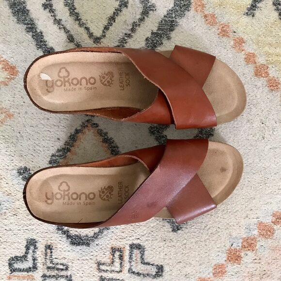 Yokono Brown Genuine Leather Open Toe Wedge Slide On Platform Sandals - 7 1/2 - Picture 3 of 6